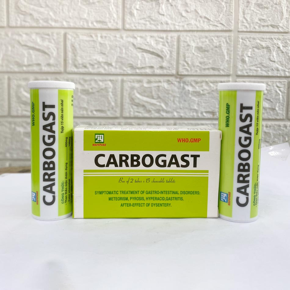 Hình ảnh hộp và 2 tuýp thuốc Carbogast được chụp tại TAF Healthcare Store