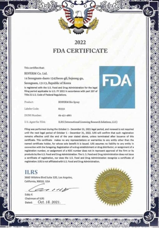 Giấy chứng nhận sản phẩm Bio Spray của Cục quản lý Thực phẩm và Dược phẩm Hoa Kỳ (FDA)