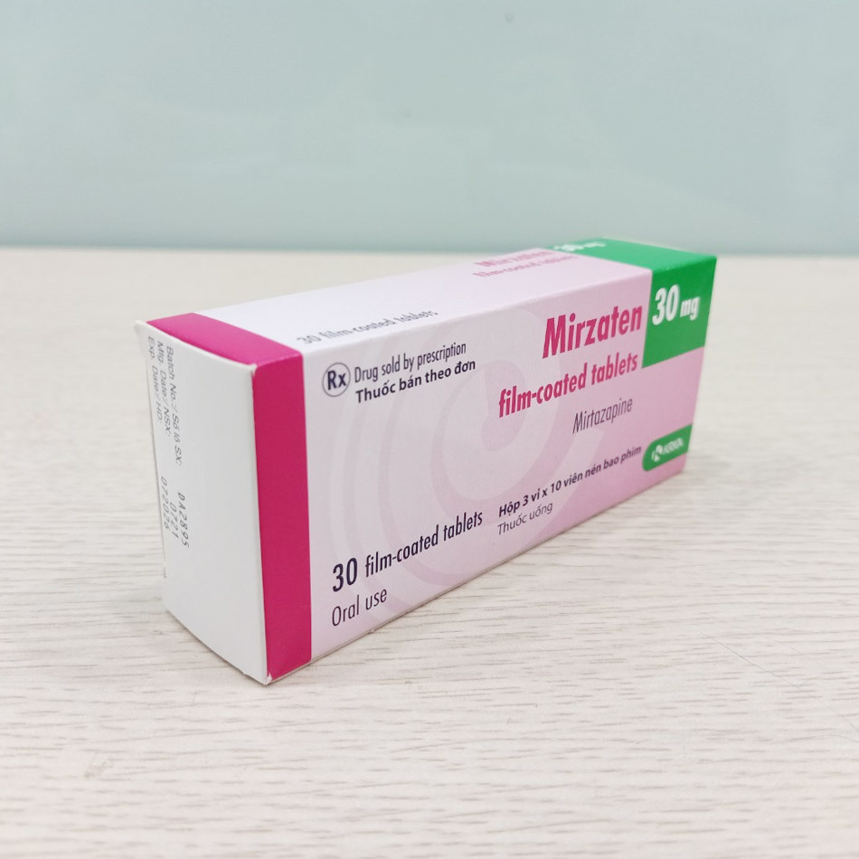 Mặt nghiêng hộp thuốc Mirzaten 30mg chụp tại TAF Healthcare Store